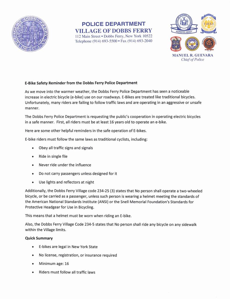 E-Bike Safety Reminder from the Dobbs Ferry Police Department